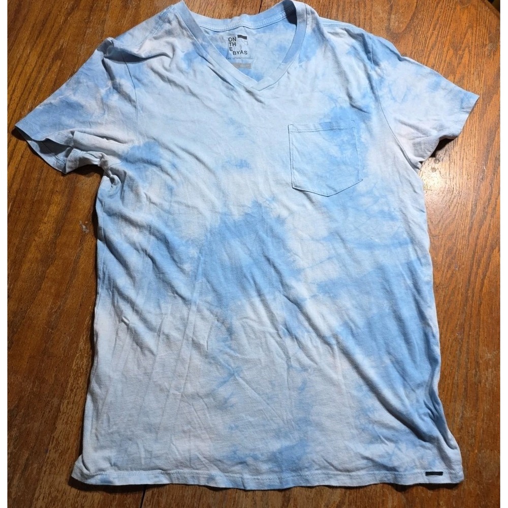 On The Byas Mens Large Cotton Blue White Tie Die Pocket T‎ Shirt Y2k V-neck